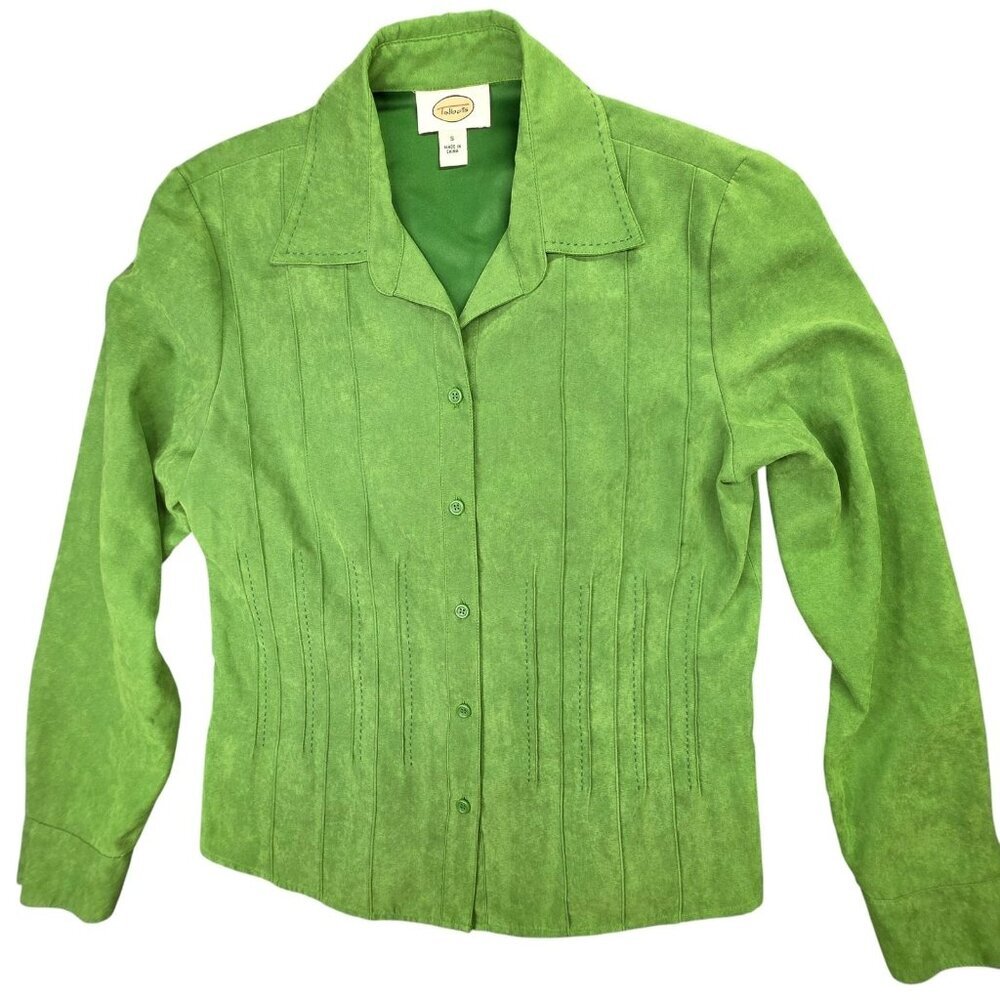 Talbots Shirt Womens Small Green Faux Suede Button Front Collared Lined Pintuck